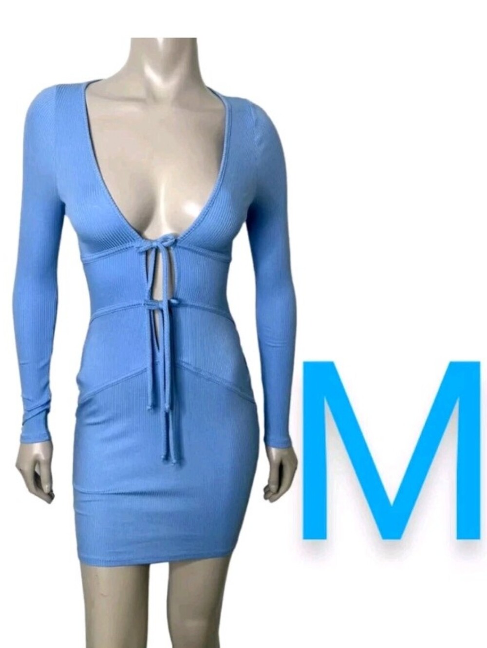 🆕Blue Ribbed Long Sleeve Front Ties Bodycon Mini Dress~Size M